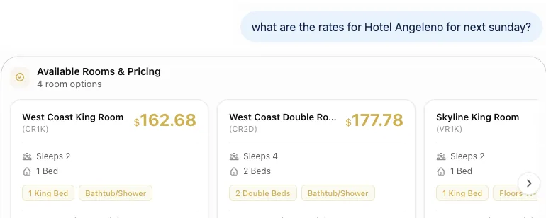 ChatGPT showing four Hotel Angeleno room options with live rooms and rates for next Sunday, including a West Coast King Room and a Skyline King Room