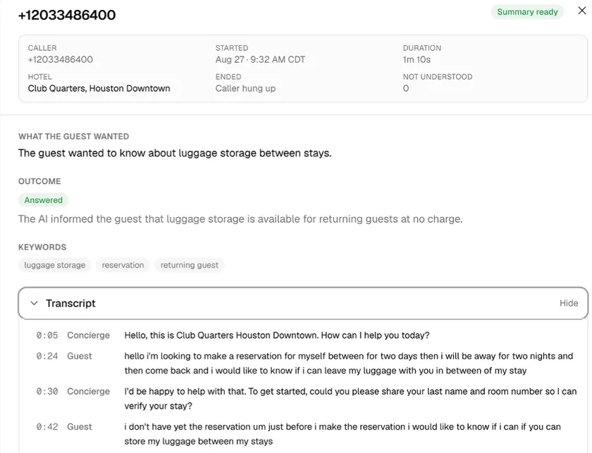 Ameniti call summary for Club Quarters Houston Downtown: what the guest wanted, outcome marked Answered, keywords, and a timestamped transcript