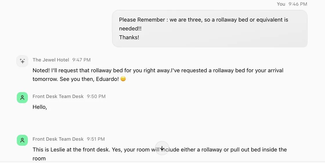 Guest messaging thread at The Jewel Hotel New York: the guest asks for a rollaway bed for three people, the AI confirms it has requested one for their arrival, and the front desk adds that the room will include a rollaway or pull-out bed