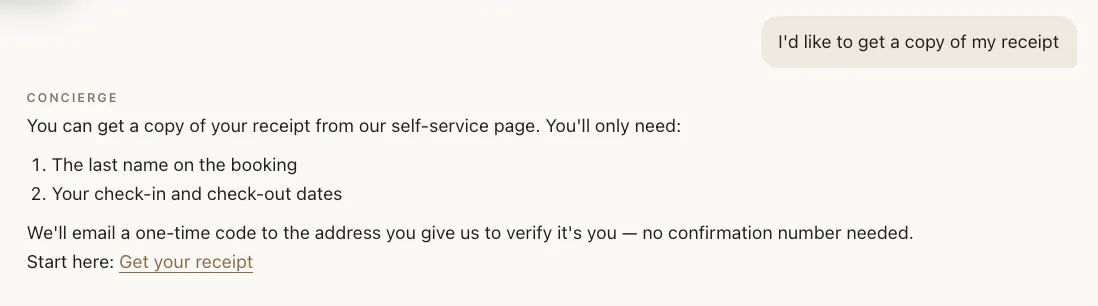 Website chat conversation: the guest asks for a copy of their receipt and the concierge explains they only need the last name on the booking and the stay dates, verified by a one-time code