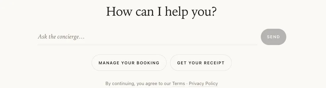 Hotel website chat widget asking “How can I help you?” with two buttons: Manage your booking and Get your receipt